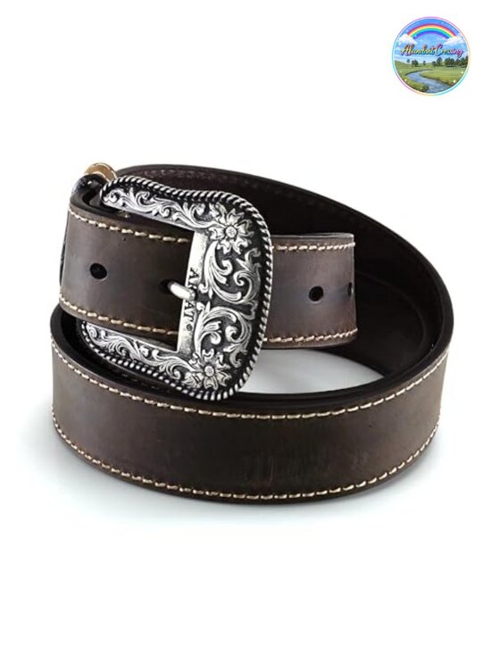 Genuine Leather Western Belt with Heavy Stitch and Floral Buckle main image 3